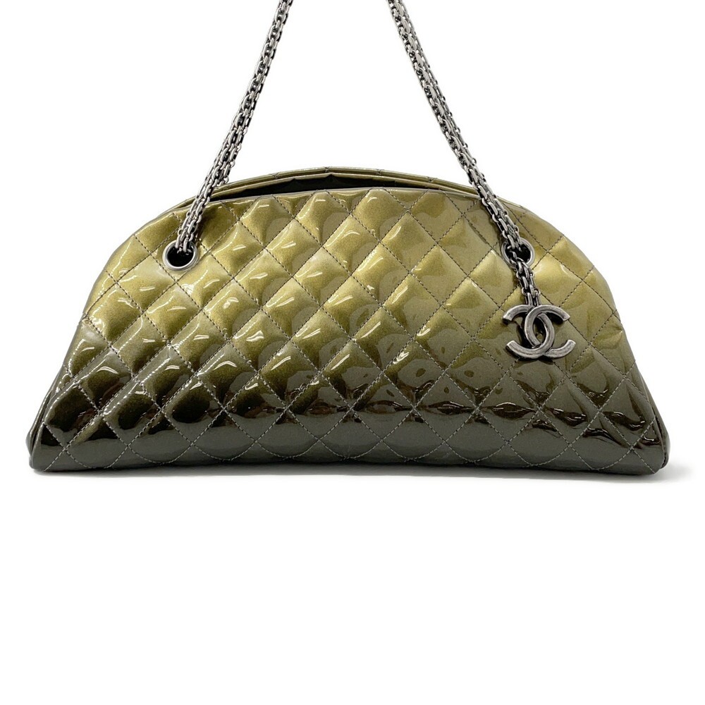 CHANEL Patent Leather Coco Mark Mademoiselle Chain Bowling Shoulder Bag