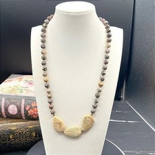 Contemporary Beige Classic Carved Shell Leopard Skin Jasper Statement Necklace