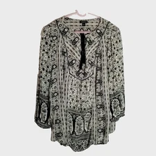 Lucky Brand Peasant Top Women's Large Floral Paisley Split Neck Tassels Boho