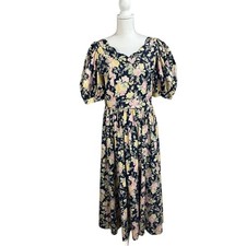 Vintage Laura Ashley Scalloped Bow Cottage Core Prairie Midi Dress Floral SZ 12
