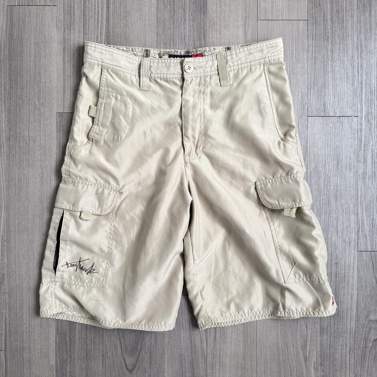 パンツ 90s tony hawk check baggy cargo shorts Tony Hawk Shorts Mens 29 Khaki Cargo Skate Multi Pocket