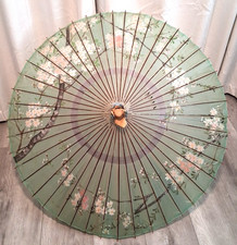 VTG Japanese Chinese Bamboo Rice Paper Wood Umbrella Parasol Floral 28" -READ