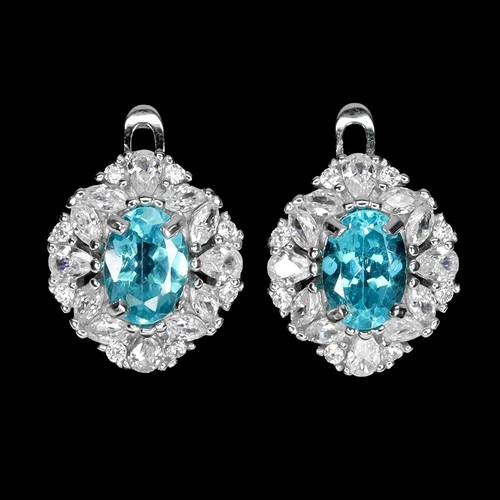 Boucles D'oreilles En Argent 925 - Pierres D'Apatite Naturelle Bleue Ovale 5x3mm - Neuf