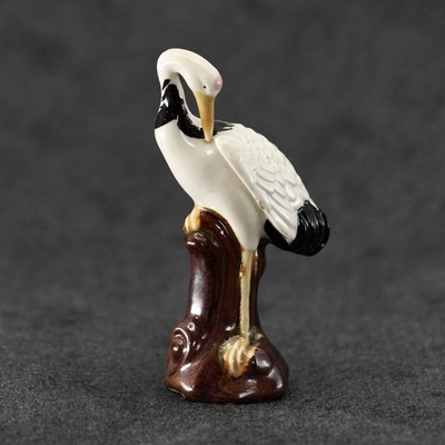 Vintage Ceramic Stork Heron Bird Figurine On Tree Stump Miniature