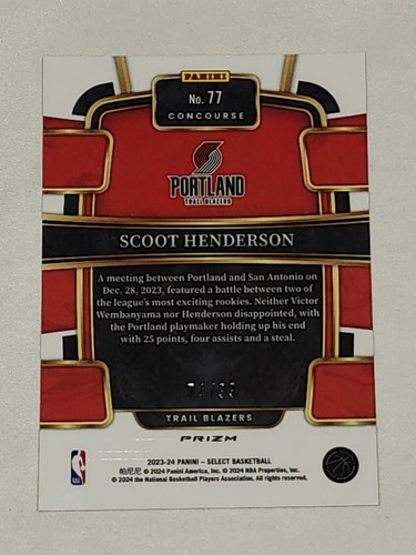2023-24 Select NBA Scoot Henderson Purple Ice Prizm /99  RC Trail Blazers - Picture 2 of 3