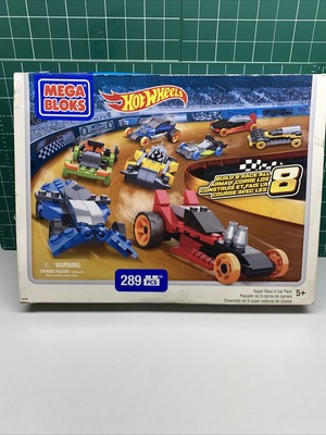 2014 Hot Wheels Mega Bloks Super Race 8-Car Pack 289-Piece Set SEALED Shelf Wear