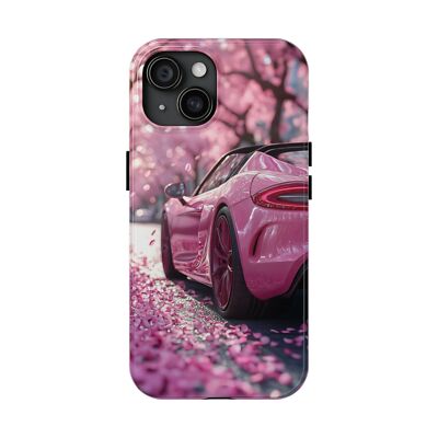 AvalgArt Tough iPhone 15 & 16 Case 'Pink Cherry Blossom Sports Car'
