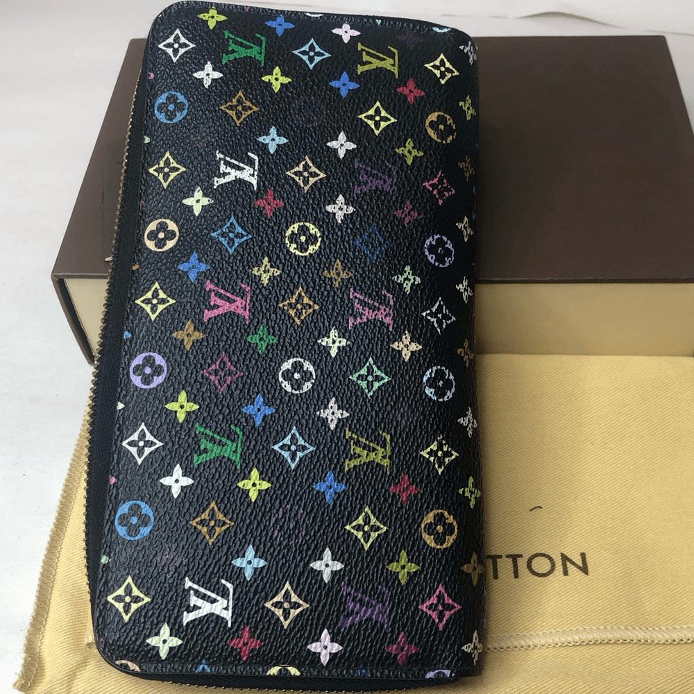 LOUIS VUITTON X Murakami Black MultiColor Full Zip Wallet Pink