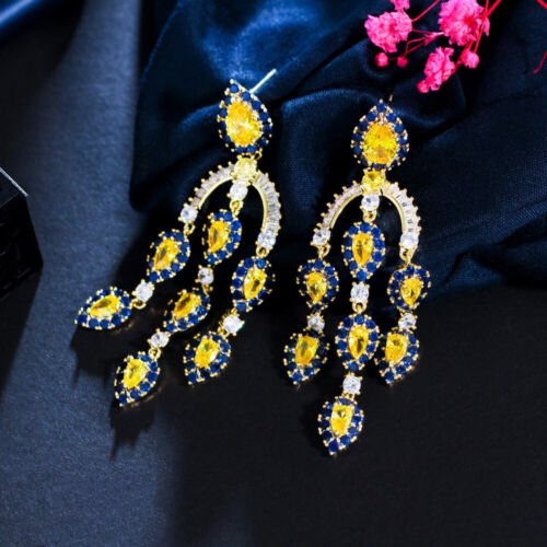 Luxury Yellow Gold Plated Chandelier Dangle Tassel Drop 925 Silver CZ Earrings - Photo 1 sur 9