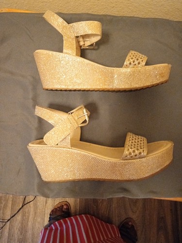 madeline stuart shoes Gold Wedge Heel Glitter Covered 3 Inch Sandals Size 7  1/2 | eBay