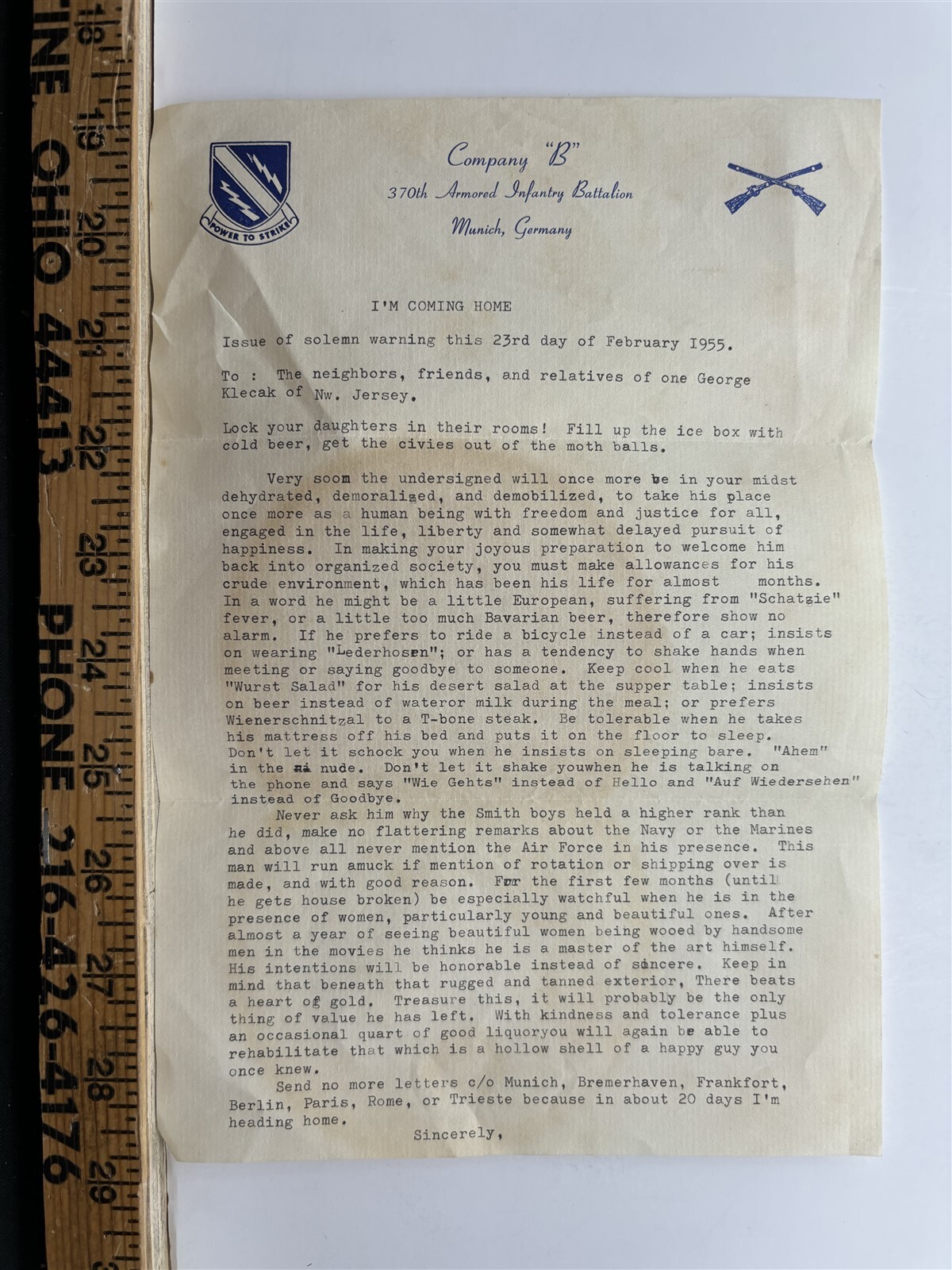 1955 Company B Munich Germany Klecak New Jersey Letter Vintage Military Soldier