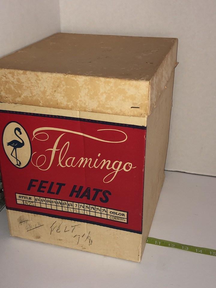 Vintage FLAMINGO Felt Hats Cardboard Storage Box EMPTY With Lid Script