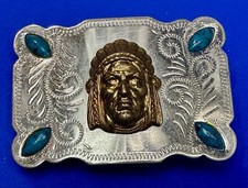 3D Native American Indian Chief  Turquoise Stones Nickel Silver Vtg Belt Buckle