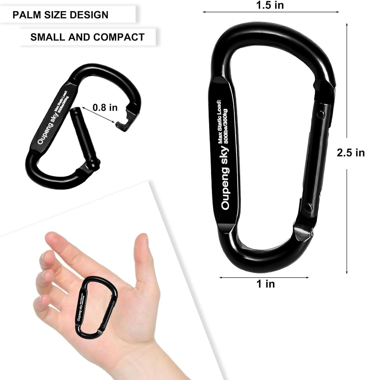 6PCS Carabiner Clip Heavy Duty Iron Carabiners 800lbs 2.5inch, Black