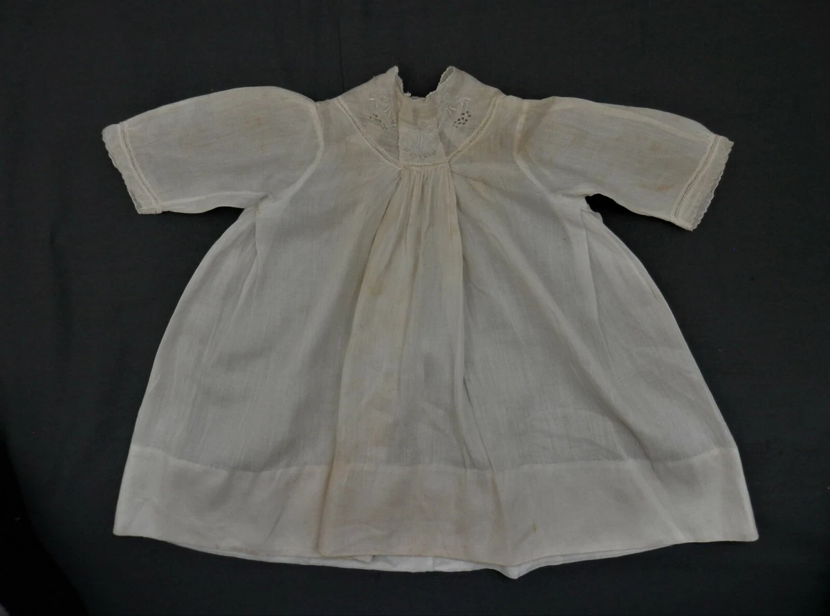 Antique Doll Dress White Cotton w Embroidered Collar Vintage Clothing
