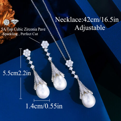 Stunning Silver Plated CZ Long Flower Pearl Pendant Necklace Earring Jewelry Set - Picture 5 of 8
