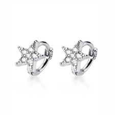 Sterling Silver 6mm Hoop Shiny CZ Star Huggie Hinged Earrings Helix Piercings