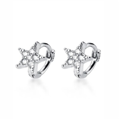 Sterling Silver 6mm Hoop Shiny CZ Star Huggie Hinged Earrings Helix Piercings