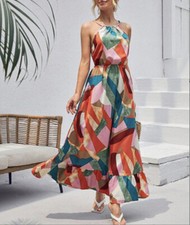 Simple Flavor Pink & Aqua Abstract Halter Maxi Dress - Women, NEW