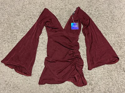 missguided burgundy dress MissGuided, Womens Slinky with Ruching and Flared Belle Sleeves Maxi dress Brown Mother Of The Used Neck Sleeveless Maxi Dress Color:Mahogany Bouquet