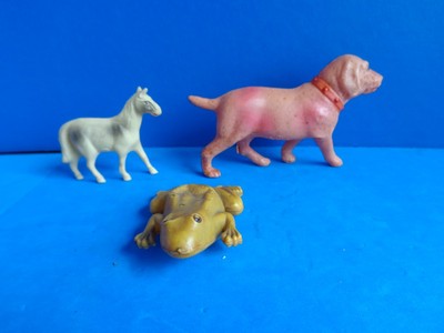 3 VINTAGE CELLULOID ANIMALS- DOG, FROG, HORSE