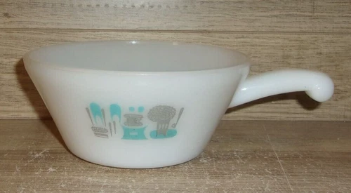 Vintage Anchor Hocking Fire King Royal Blue Heaven Milk Glass Handled Chili Bowl