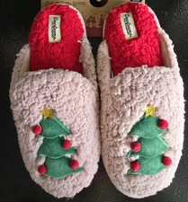 Dearfoams Slippers Christmas Tree Woman's M 7/8 Pink Memory Foam Sherpa Scuff