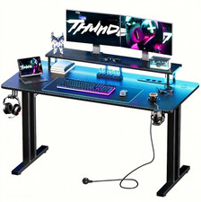 Bureau Gamer Ergonomique Fibre Carbone Noir LED RGB Prises Support Écran