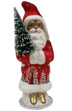 Schaller Paper Mache Candy Container - Light Red Santa with Tree and Gold Shoes