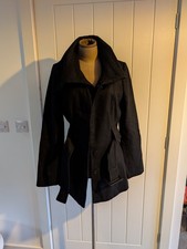 Black Red Herring Jacket UK Size 12 Short Collared Tie Waist Button Trench Coat