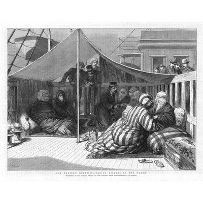 Constantinople to Vana Steamer -Taking Tickets in the Harem - Antique Print 1877