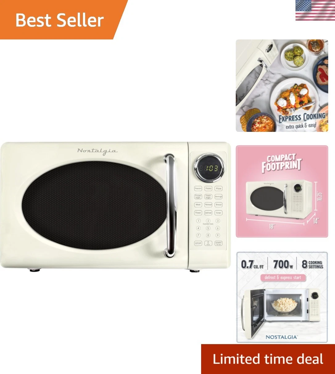 Retro 700W Microwave Oven 0.7 Cu Ft Capacity – Child Safety Lock, 8 Auto-Cook...