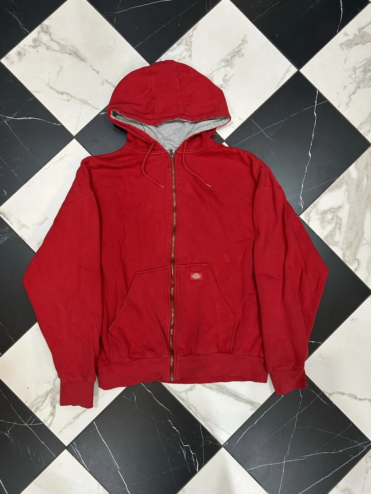 Vintage Red Thermal Lined Full Zip Hoodie Workwear Grunge Waffle Lined Size XL