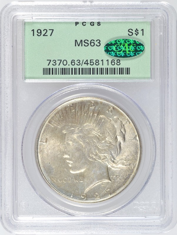 1927 PEACE SILVER DOLLAR PCGS MS63 CAC OGH CHOICE BU