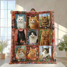 1pc Retro Cat and Floral Pattern Soft Warm Flannel Blanket - Vibrant Colors