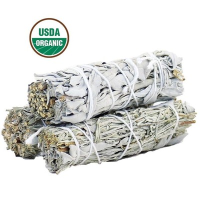 Sage Smudge Sticks 4'' Mixed White Sage USDA Organic 3 Pack Smudging Guide