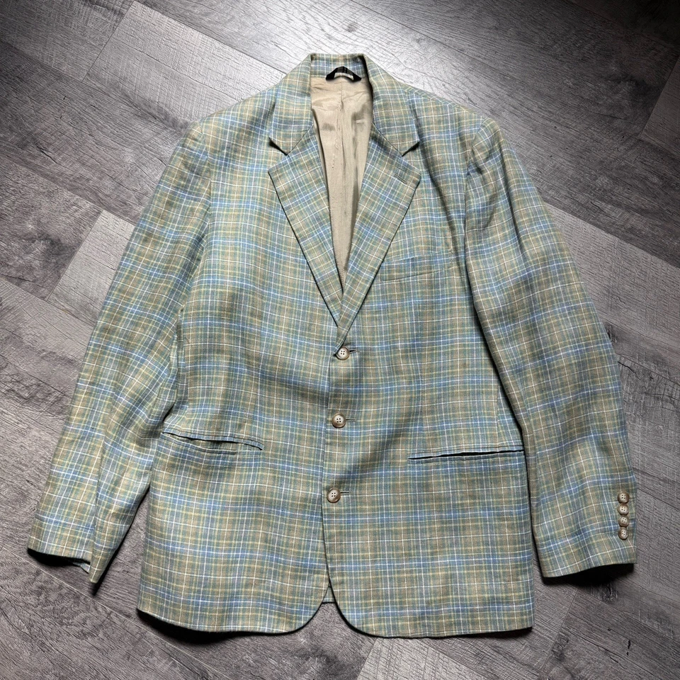 Blazer Gap Vintage Años 90 Para Hombre Pequeño Verde Cuadros Tartán Abrigo Deportivo 100% Lino Foto 2 de 4