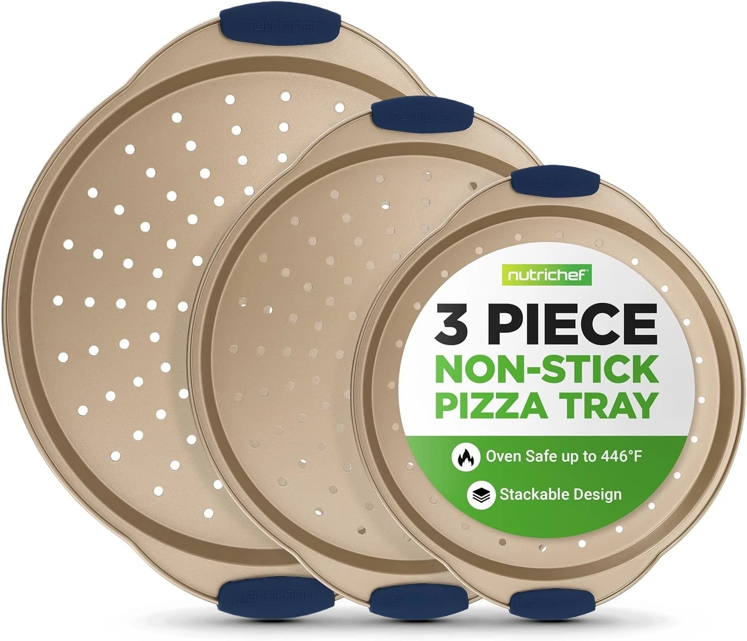 3-Piece Pizza Tray Set W/ Silicone Handles Round Nonstick Pizza Pan W/