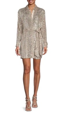 Gianni Bini Noelle Sequin Point Collar Neck Button Front Shirt Dress S