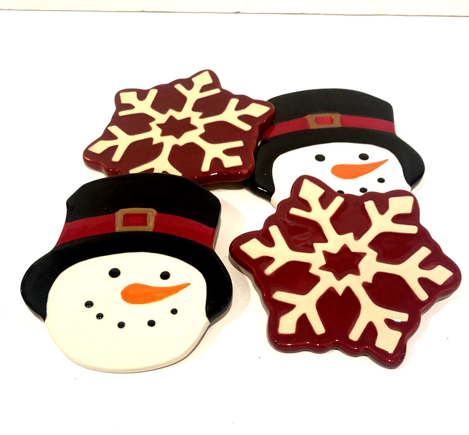 St. Nicholas Square YULETIDE Drink Coaster Set 4 Snowman Snowflake Red White - Image 2 of 4