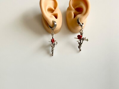 Red Rose Vine Nail Cross Earrings Jewelry Hoops Pierced Clip On Punk 