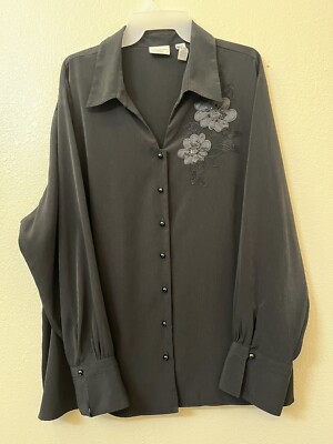 Covington T285 Size 24W Women's Black V Neck Button Down Long sleeve Blouse Top
