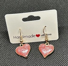 Pink Glitter Heart Sparkle Dangle Earrings Stainless Steel Hooks Valentine's Day