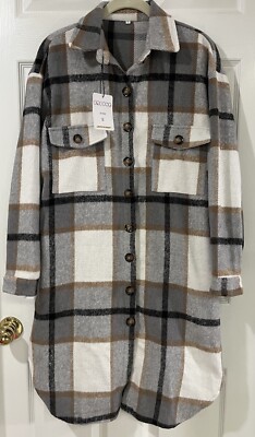 Women's Long Boyfriend Plaid Shacket Jacket Button Down Long Sleeves Sz S Y2K