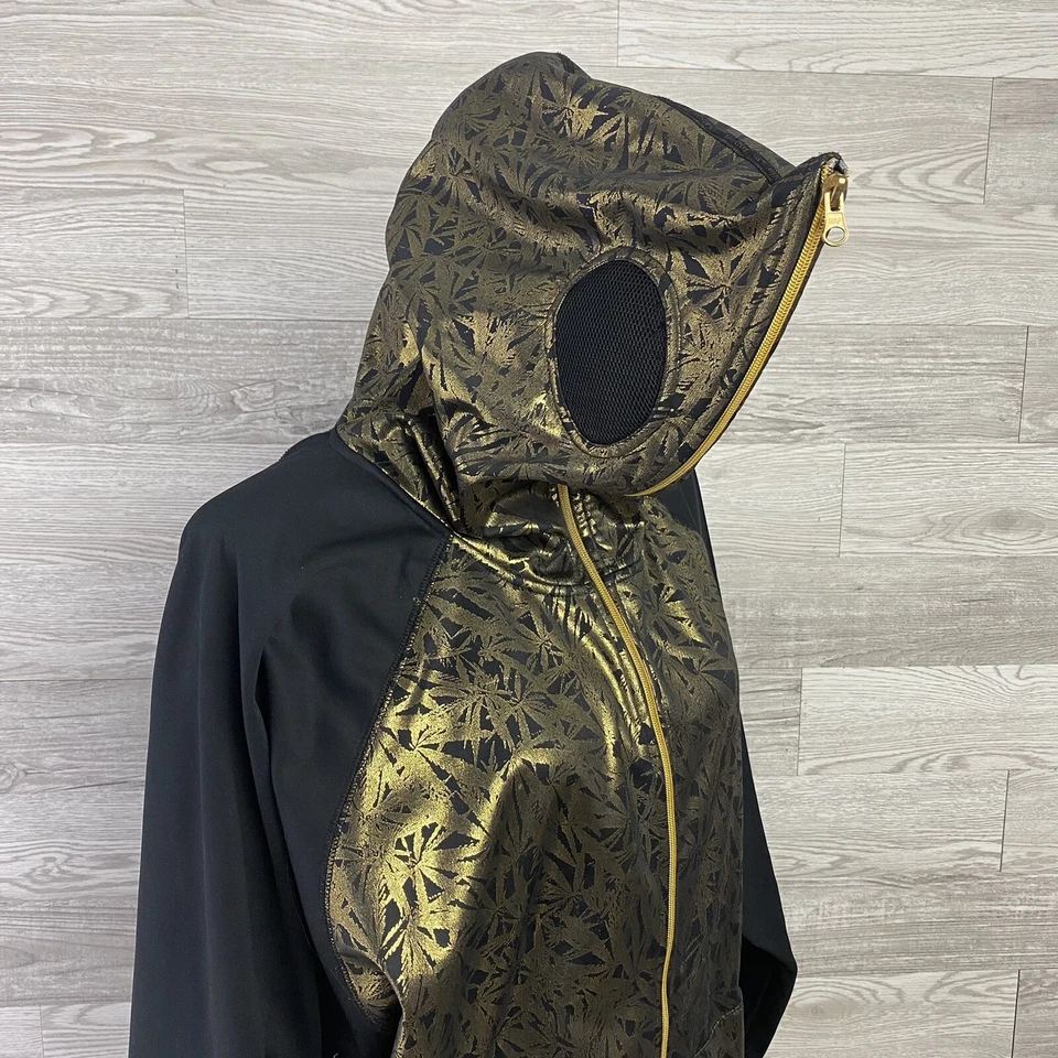 Rare E408 SNOWBOARDING JACKET Gold Marijuana Leaf Print Full Zip Hoodie Mask - Image 4 of 4