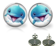 Cartoon Baby Dolphin Girls Stud Earrings 3 Sizes Handcrafted Sea Life Jewelry