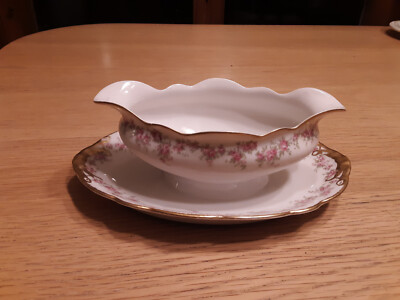 JPL Limoges Pink Rose & Gold Gravy Boat