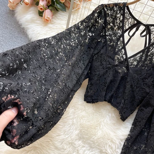 Women Crop Floral Lace Blouse Top Puff Sleeve Hollow Out V-neck Retro Sexy - Picture 9 of 18