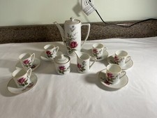 Vintage Porcelain Tea/Coffee Set Hand Painted White With Roses Complete Set