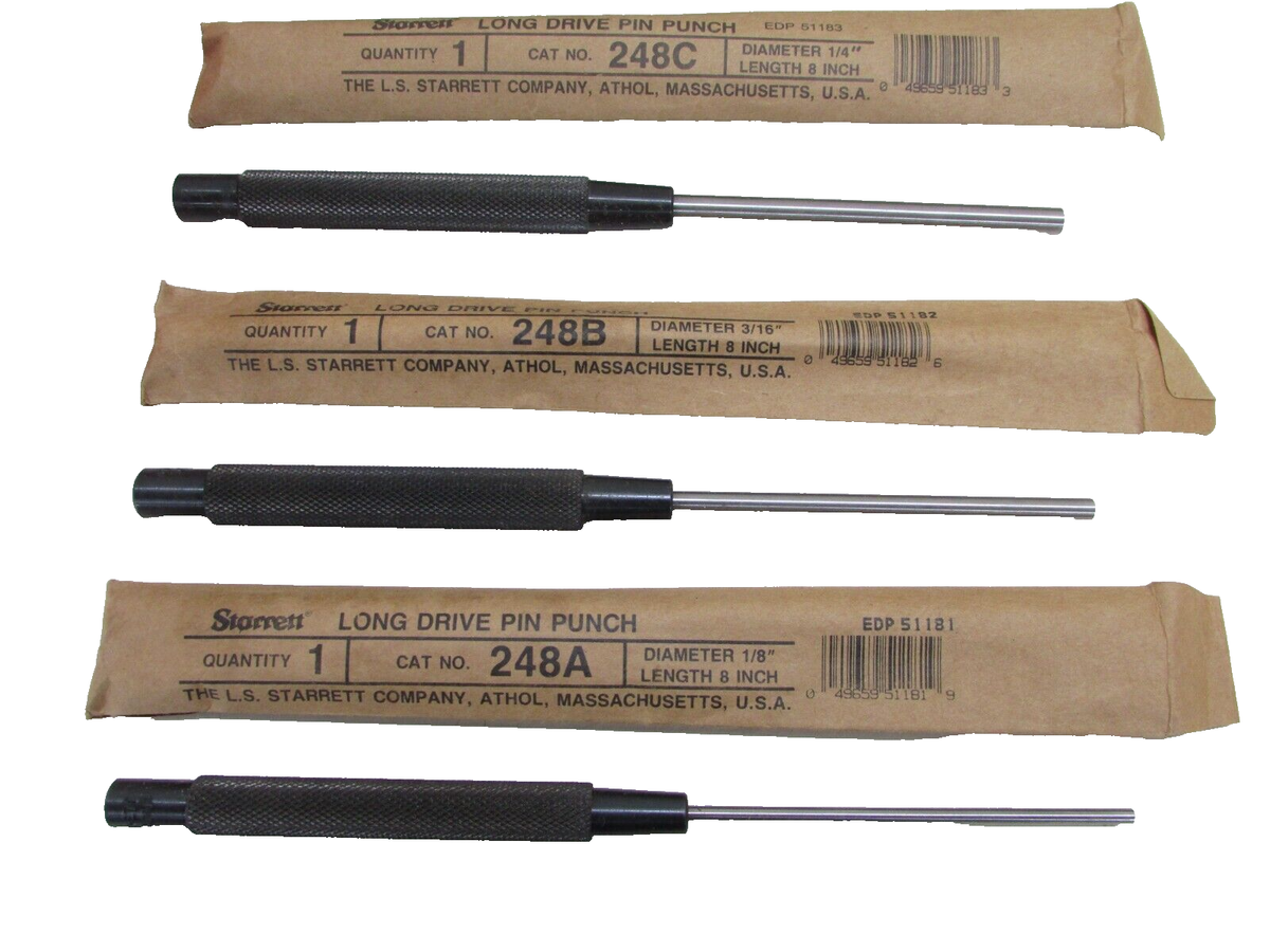S248 Extended Length Drive Pin Punch Set, 1/8-3/8 Pin Diameters, 8 Overall Length, 3-1/2 Pin Length, In Red Cardboard Box S248 Extended Length Drive Pin Punch Set, 1/8-3/8 Pin Diameters, 8 Overall Length, 3-1/2 Pin Length, In Red Cardboard Box